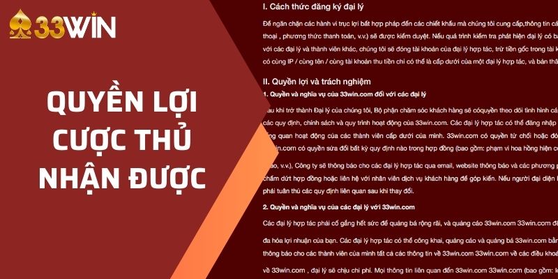 Đại Lý 33WIN 2 Quyền lợi cược thủ nhận được khi trở thành đối tác nhà cái